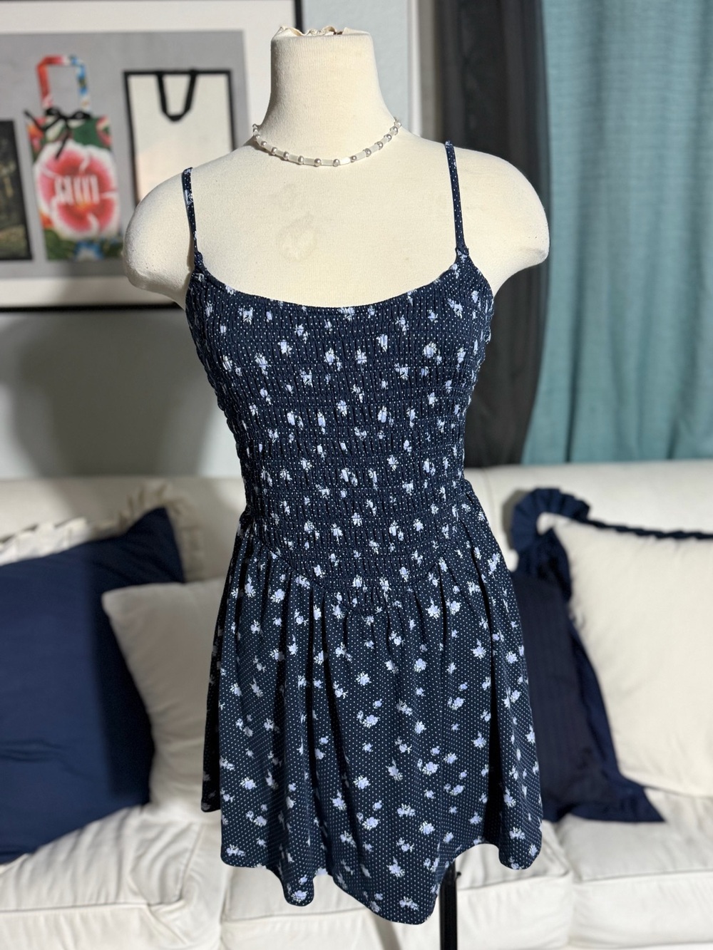 Hollister Navy Blue Mini Dress with White Floral Smocked Bodice - NWOT